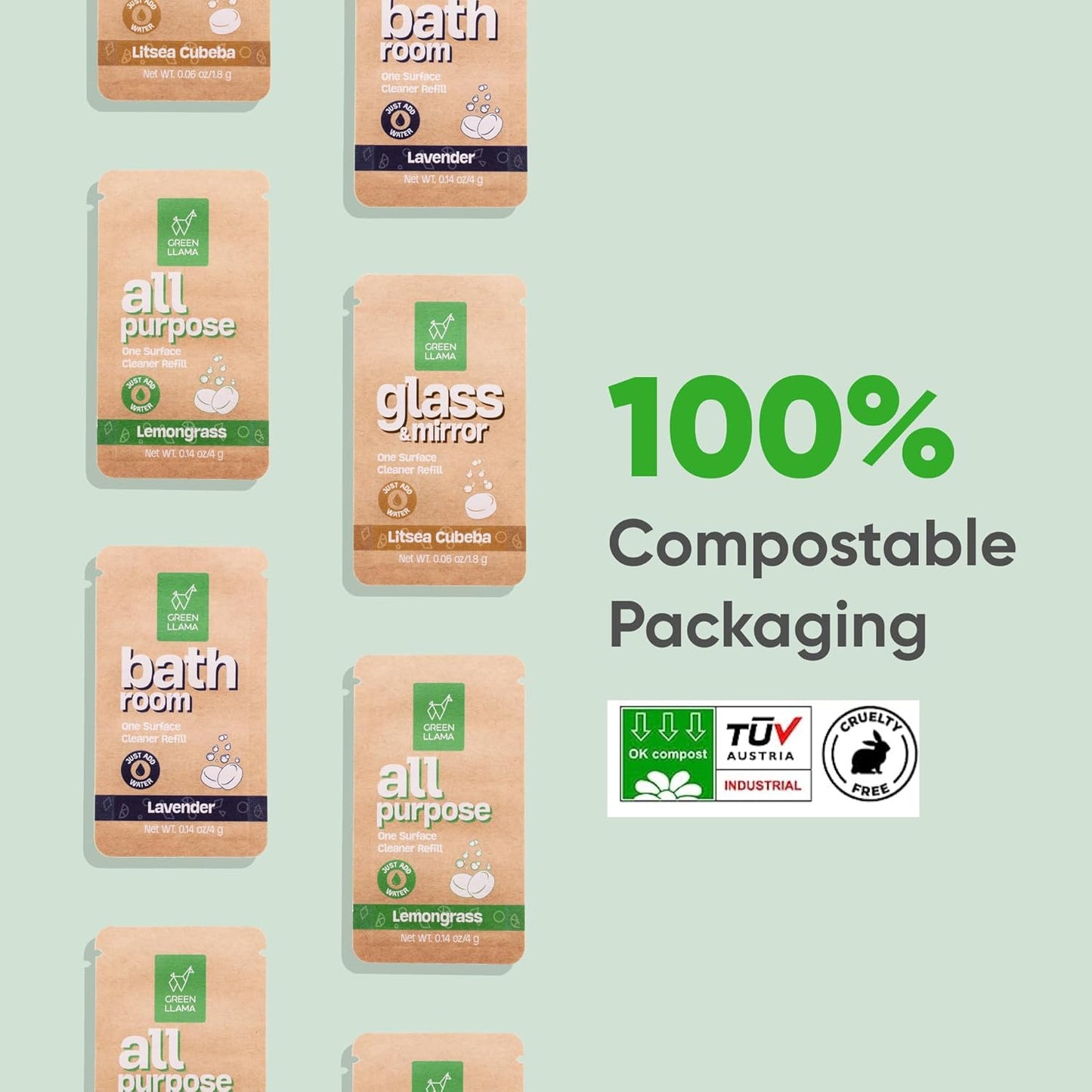 Green Llama Eco-Friendly Cleaning Tablet Variety Pack - Multi-Surface, Glass & Bathroom Cleaner Refills, Compostable, Plant-Based, Family & Pet Safe - Sample Pack with 6 Tablets
