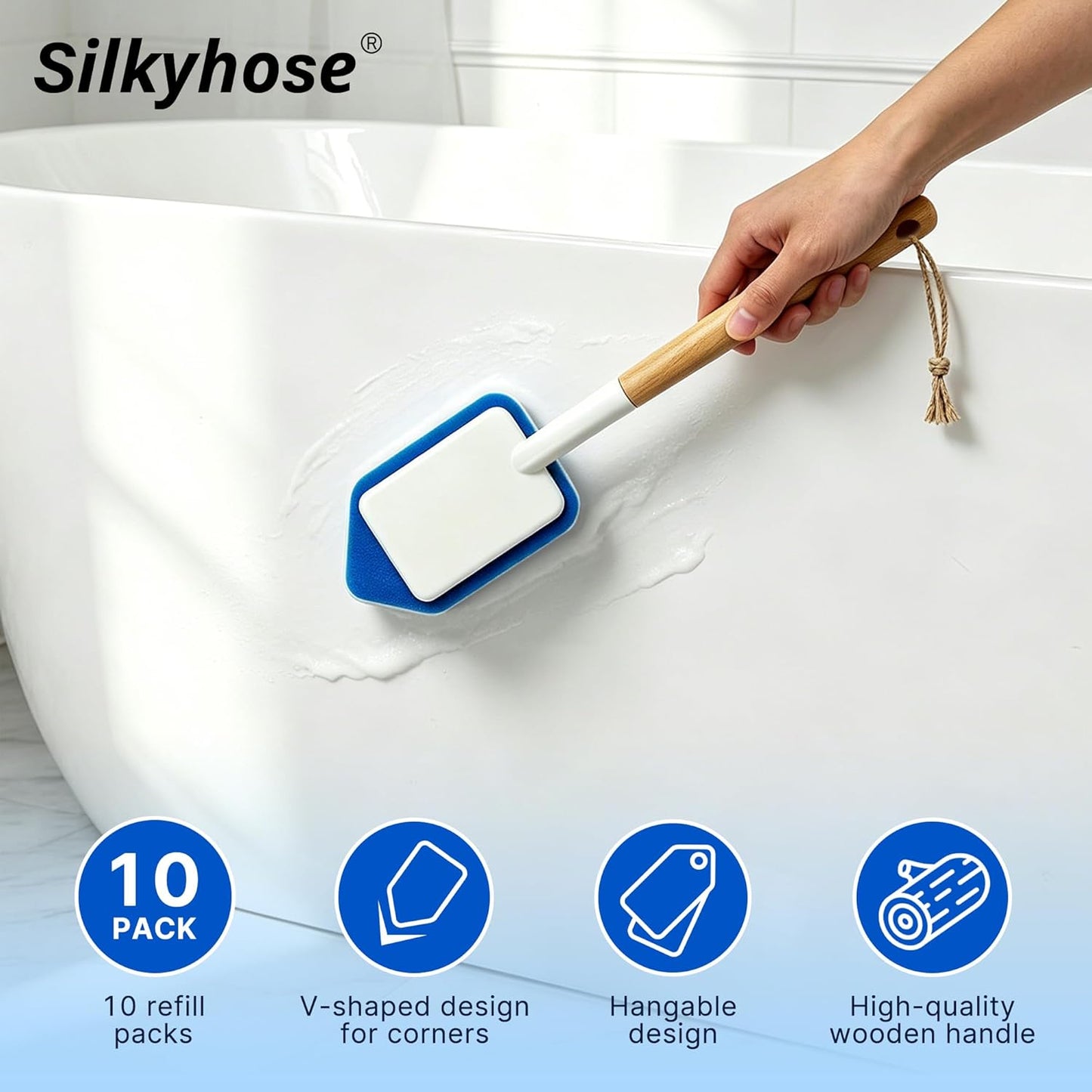 Tub Tile Scrubber Brush – 2 Pack with Wooden Handle, Includes 10 Melamine Sponge Eraser Heads | Non-Scratch Cleaner for Bathtub, Shower Wall, Grout, Kitchen Sink