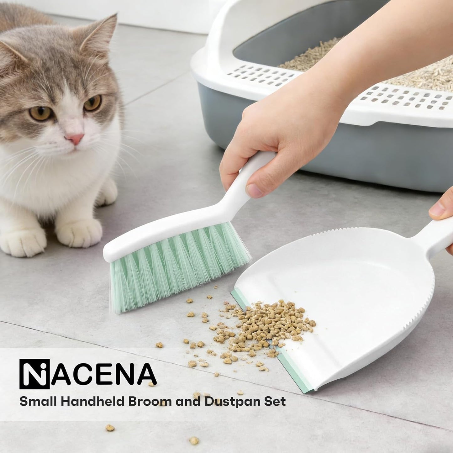 NACENA Mini Broom and Dustpan Set, Small Dust Pan and Brush Set with Handle Dustpan Teeth for Cleaning Hair Suitable for Office Desks Drawers Sofas Outdoor Camping, Light & Purple