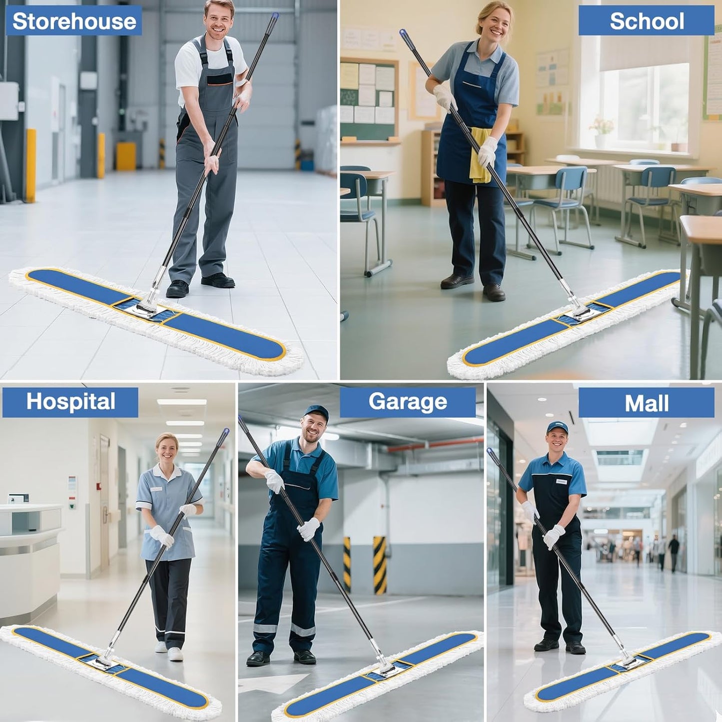 48" Commercial Industrial Dust Mop for Floor Cleaning, Large Floor Dust Broom with Washable Mops Pads, Wet Dry Duster Mops for Hardwood Floors,Marble, Laminate, Tile, Concrete, Garage,Blue