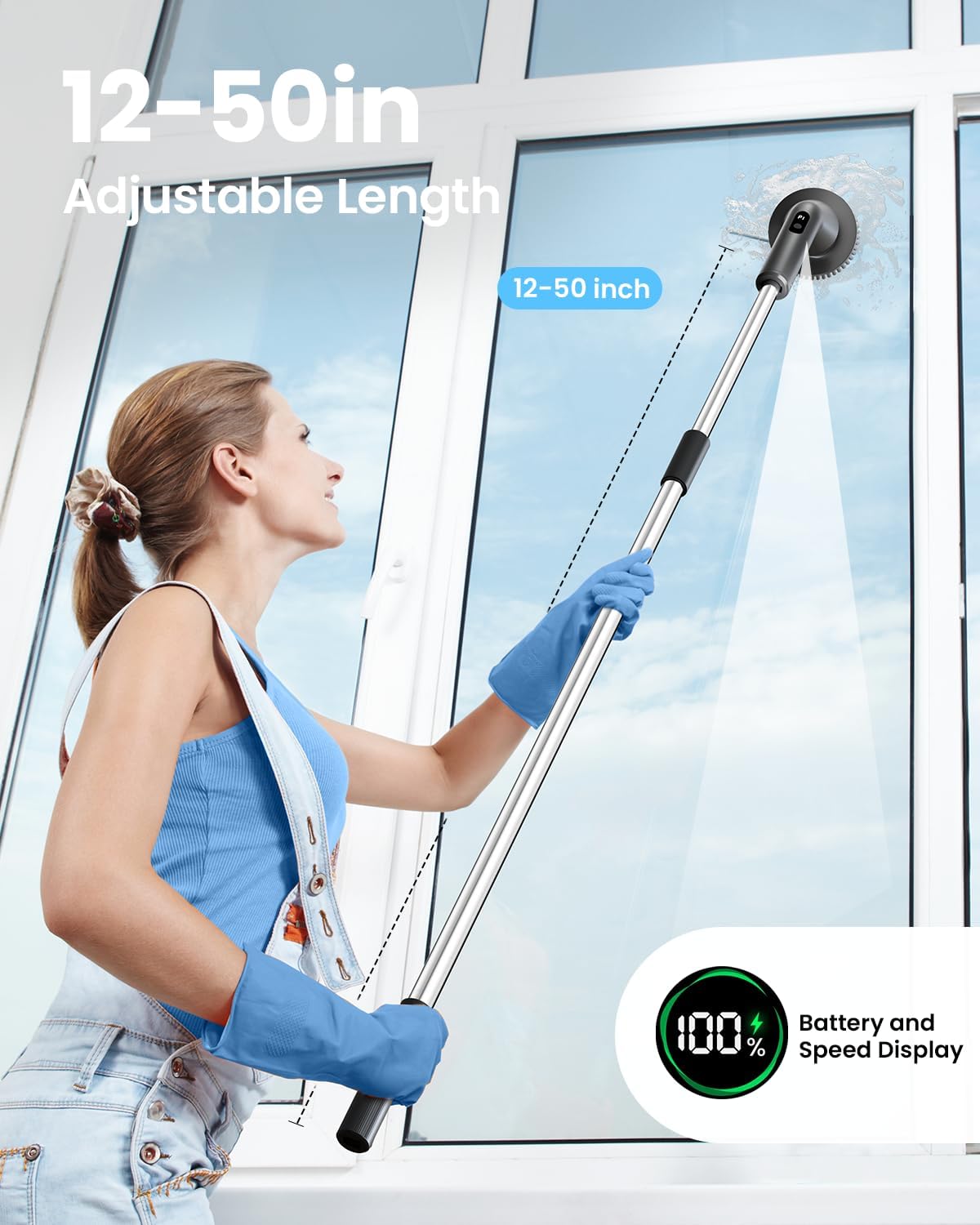 Electric Spin Scrubber, Upgraded IPX7 Cordless Cleaning Brush for Bathroom Shower, Household Cleaning Scrubber with 7 Brush Heads, Adjustable Long Handle and 2 Rotating Speeds for Tub Floor