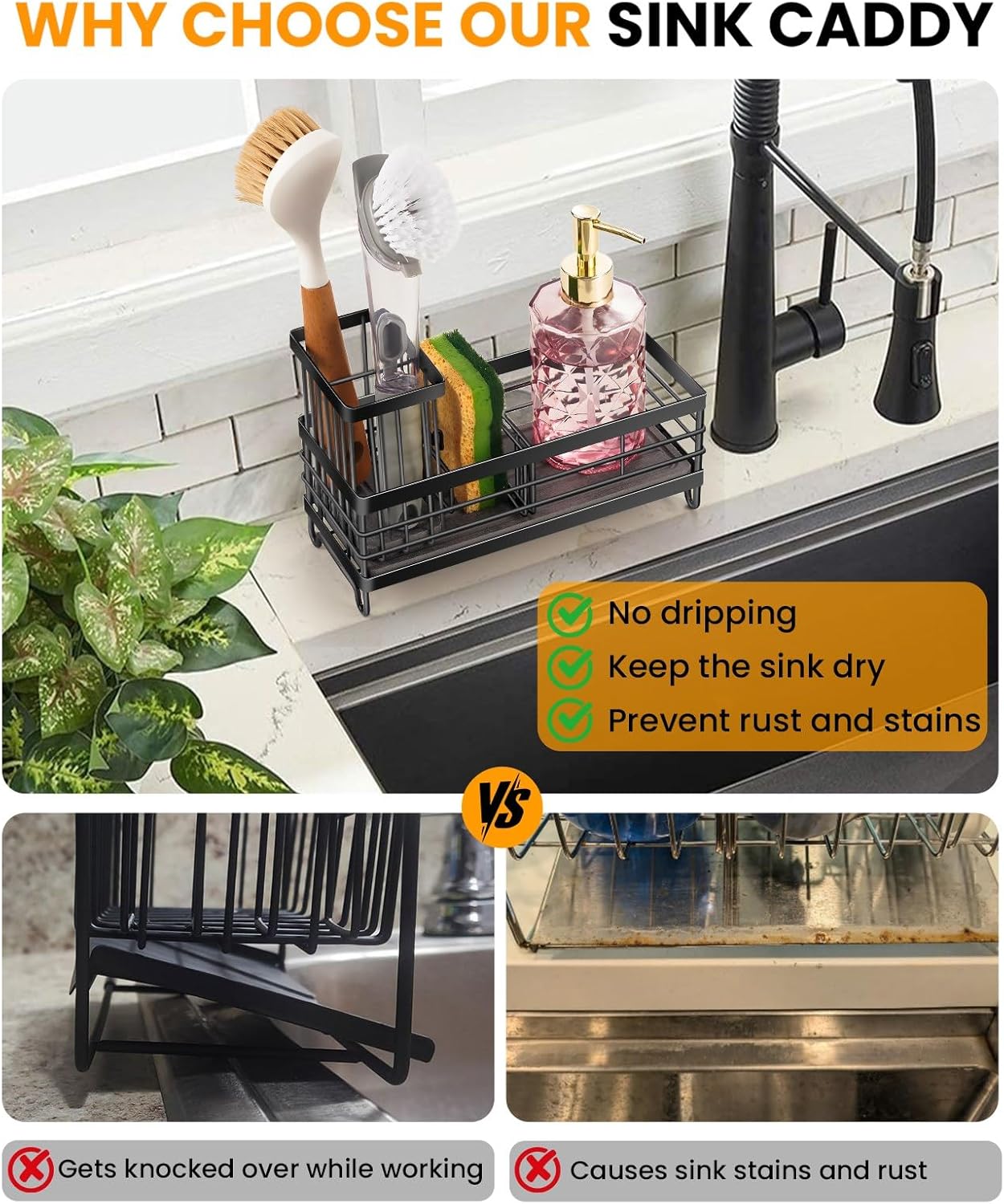 Kitchen Sink Caddy with Water Absorbent Diatomite Stone Sink Tray, Fast Drying Sink Organizer with High Dish Brush Holder Sponge Holder for Kitchen Sink, Stainless Steel