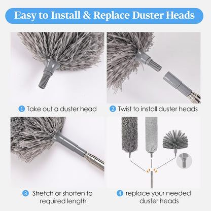 Microfiber Feather Duster 5-in-1 Kit with Extension Pole, Washable Cleaning Duster Set with 3 Duster Heads, Cobweb Duster, Corner Brush, 100'' Extendable Long Duster for High Ceilings, Fans, Furniture