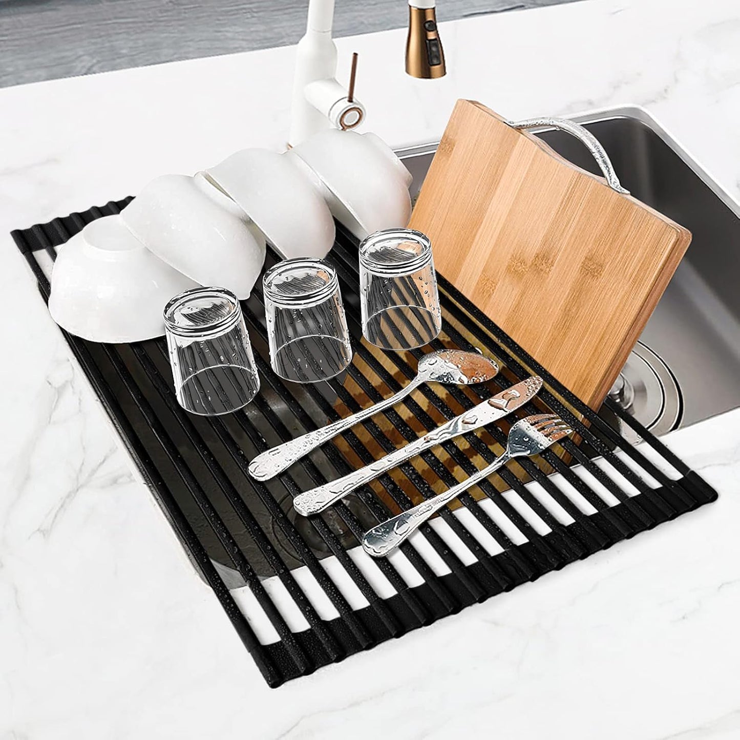 MERRYBOX Triangle Roll Up Dish Drying Rack Over The Sink, 2025 Anti-Rust Sink Drying Rack with Full Silicone Wrapped for Top of Corner, Anti-Slip Organizer for Kitchen