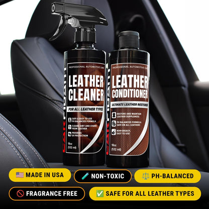 Leather Couch Cleaner - pH Neutral, Non-Toxic & Non-Greasy - Gently Removes Stains & Restores Natural Look - Safe for Car Leather Seats, Interior & Upholstery, Furniture & Sofa - 18 fl. Oz with towel
