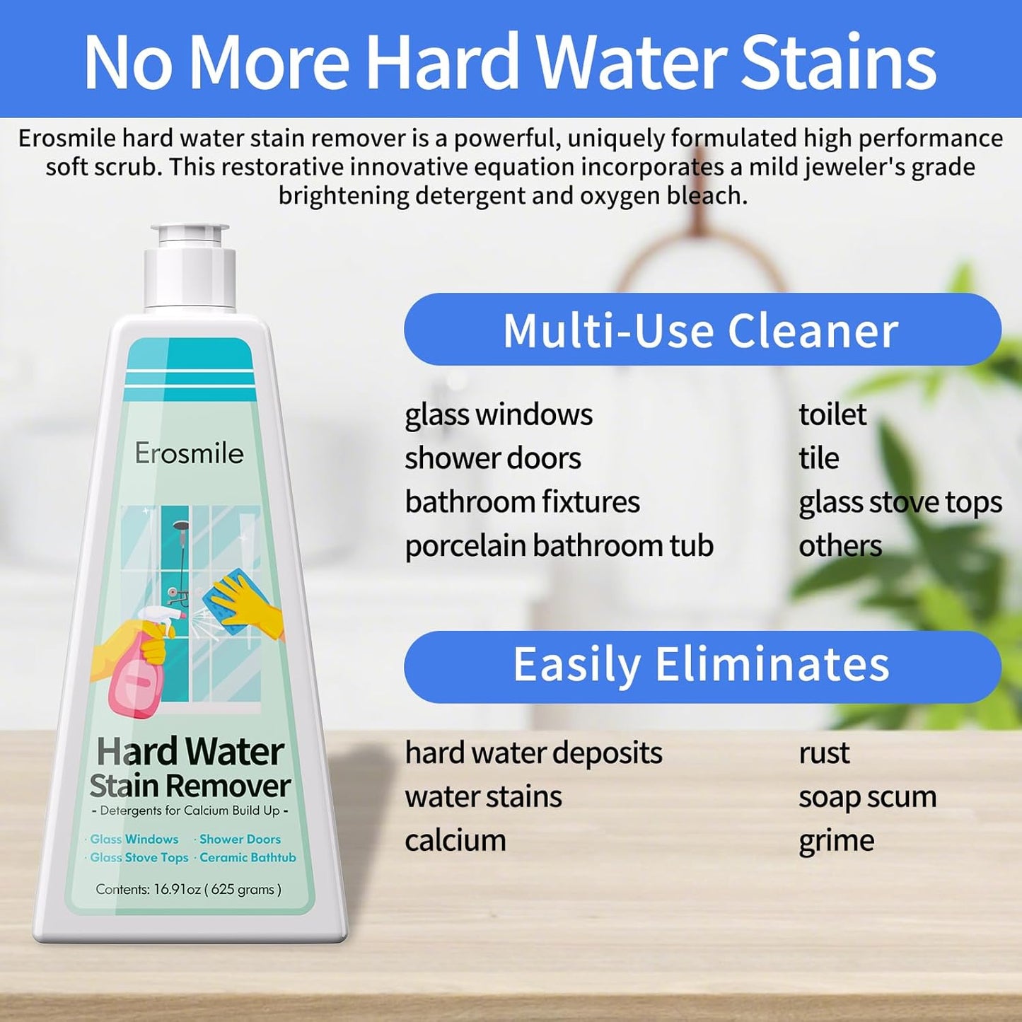 Hard Water Stain Remover, Shower Glass & Shower Door Cleaner, Removes Calcium Build Up for Toilet Bowl & All Household Cleaner -16.91oz