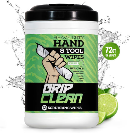 Grip Clean Heavy Duty Hand & Tool Cleaning Wipes – Waterless Hand Cleaner for Mechanics, Garage & Shop Use – Dual-Sided Grease, Oil & Paint Remover Wipes with Citrus Scent - 30ct