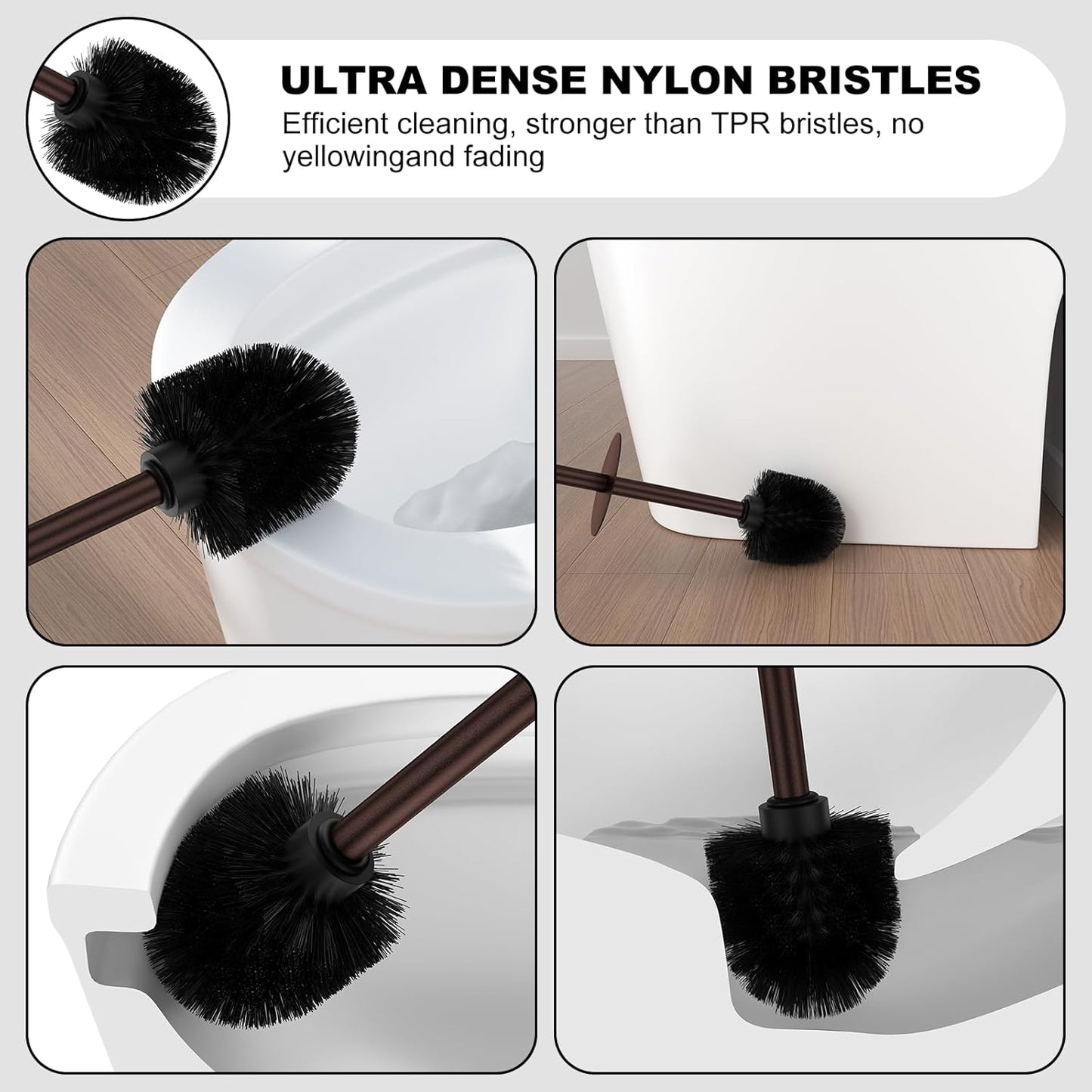 Bronze Toilet Brush and Holder Set，Stainless Steel Heavy Duty Toilet Bowl Brush，Extra Long Handled Modern Toilet Cleaner Brush, Removable Inner Bowl, and Splash Protection