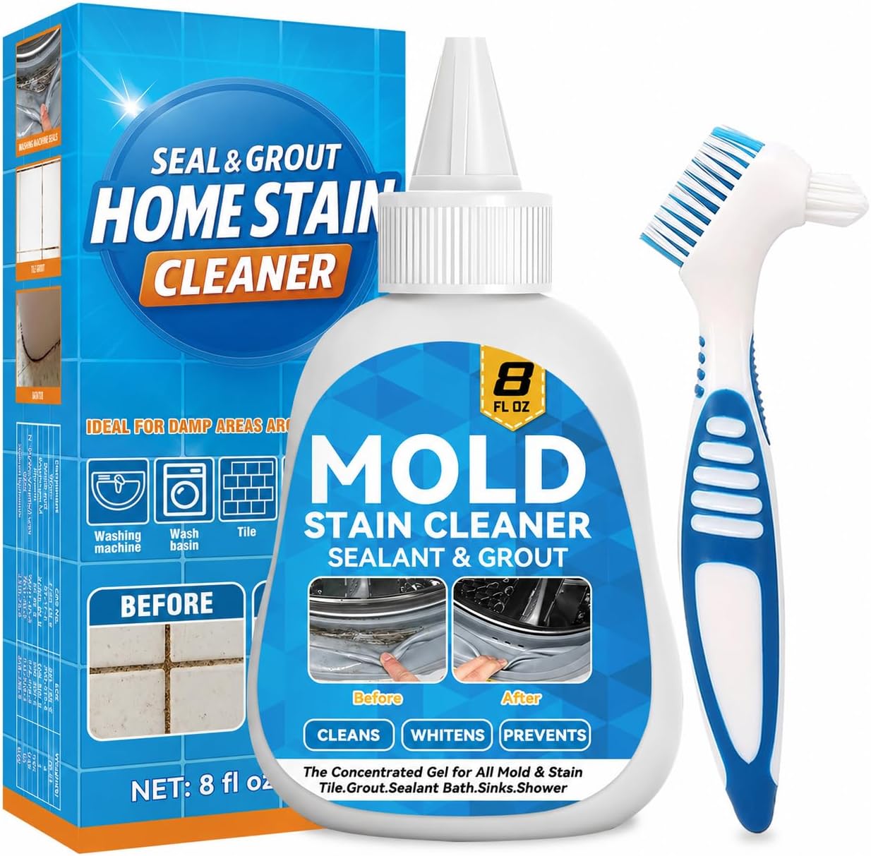 Mold Stain Cleaner Gel, 8 Fl Oz Washing Machine Cleaner with Brush, Mold Cleaner Gel for Front Loader Washing Machine Seal, Bathroom Grout, Kitchen Sink, Shower, Refrigerator Strip (Basil)