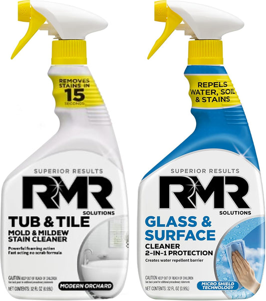 RMR Flawless Finish Bathroom Bundle – Tub & Tile Cleaner + Glass & Surface Cleaner Plus Repellent, 2-Step System for Shower, Tub, Tile, Grout, Glass Doors, & Mirrors, 2–32 Oz Bottles