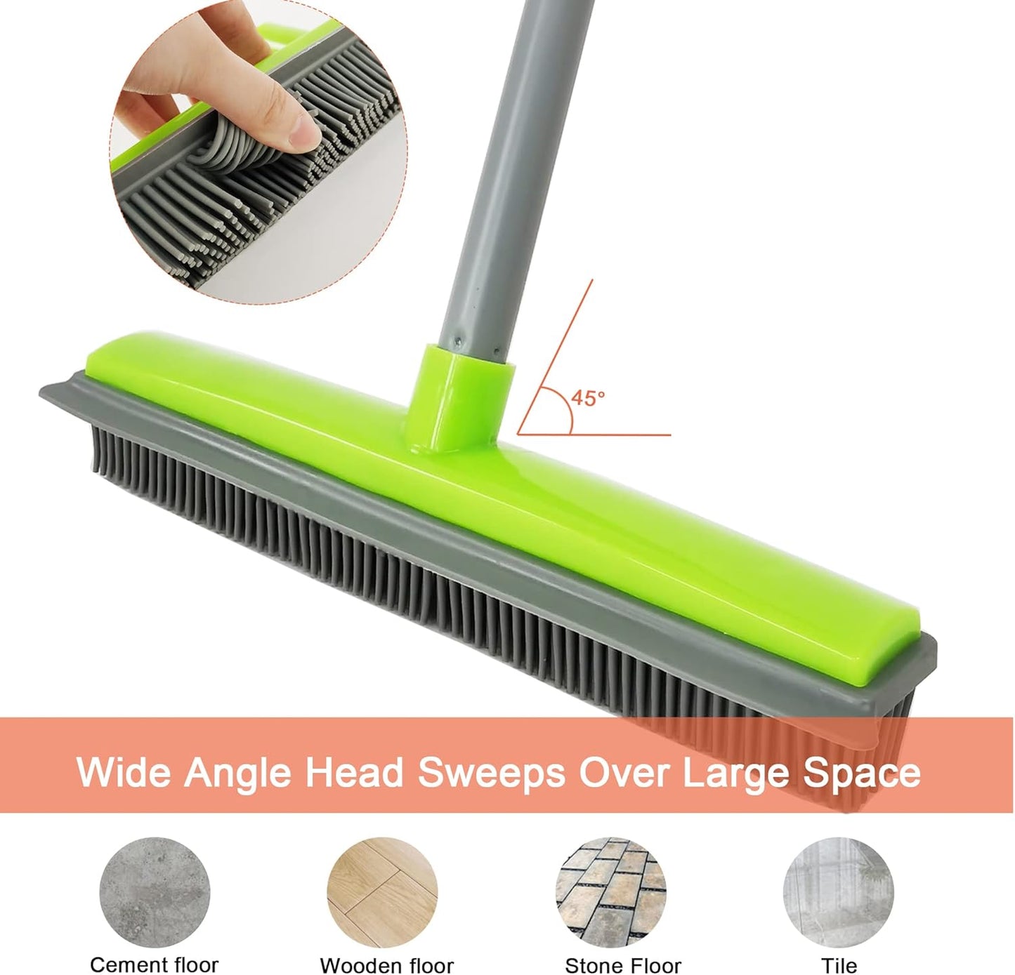 Push Broom,Pet Hair Removal Broom with Squeegee,Soft Silicone Bristle Broom with Long Handle,Non Scratch Carpet Sweeper Brush for Cat Dog Hair Hardwood(Orange) Extra Long for Tall People