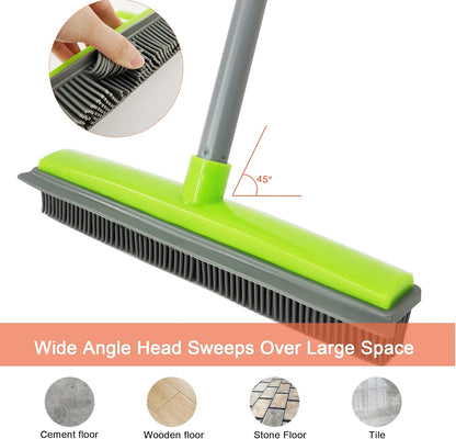 Push Broom,Pet Hair Removal Broom with Squeegee,Soft Silicone Bristle Broom with Long Handle,Non Scratch Carpet Sweeper Brush for Cat Dog Hair Hardwood(Orange) Extra Long for Tall People