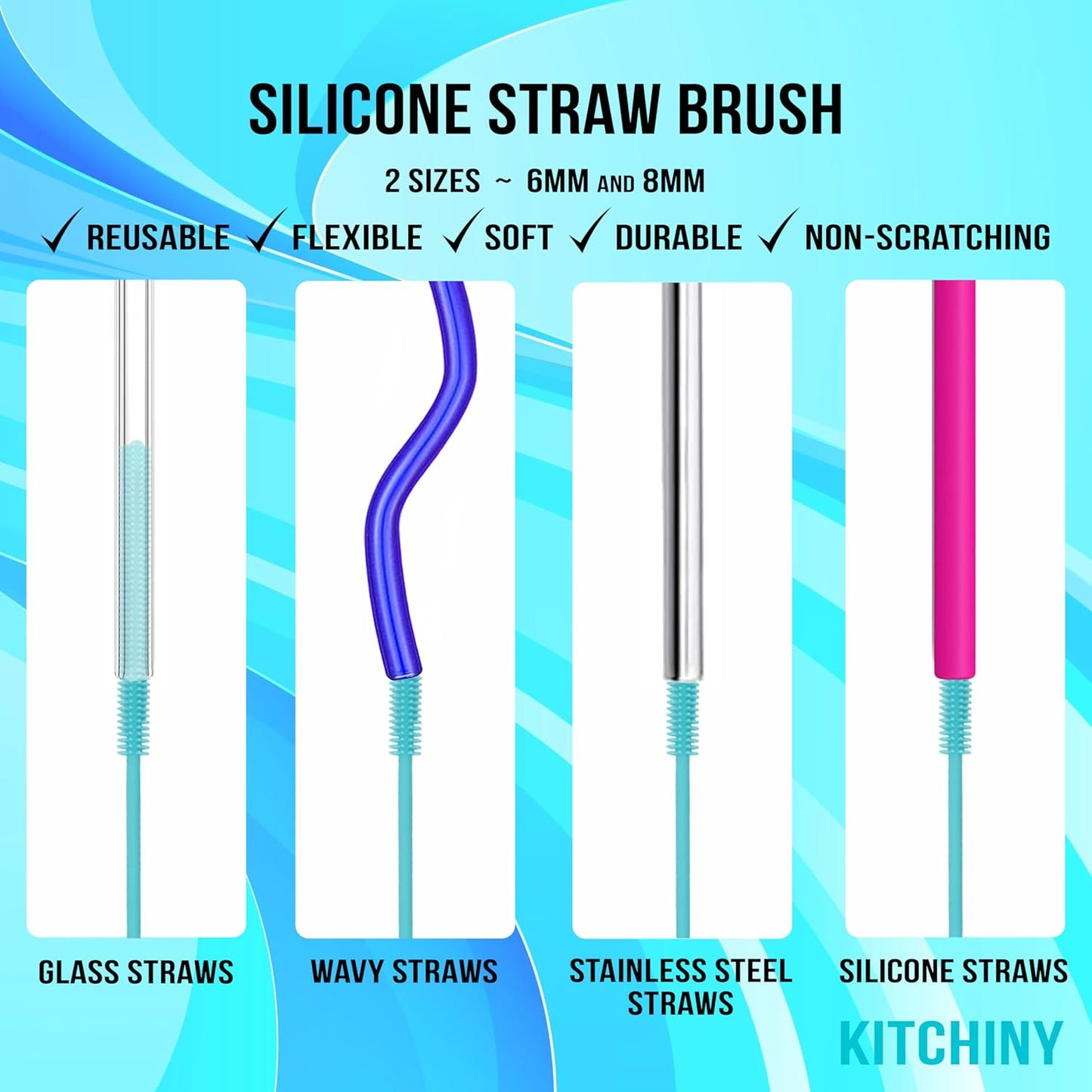 Kitchiny Silicone Bottle Brush with 2 Straw Cleaners - 12.5” Water Bottle Cleaner Brush for Yeti, Hydro Flask, Owala, Stanley, Baby Bottles, Glassware, Vases & Narrow Neck Containers - Grey