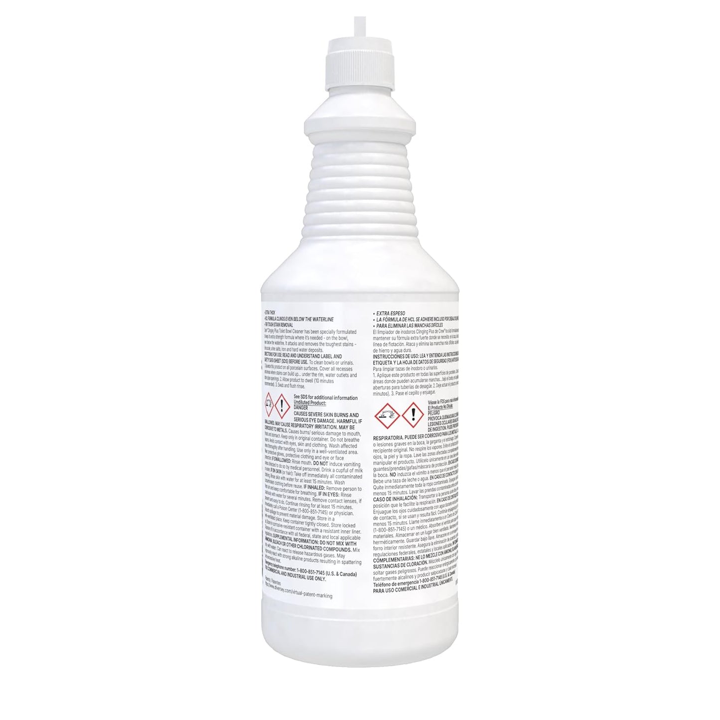 CREW Diversey 9302467 Clinging Plus Toilet Bowl Cleaner, Commercial Strength Formula Cleans Urinals, Ceramic, Porcelain, Unscented Green Liquid, Ready-to-Use Squeeze, 32-Ounce