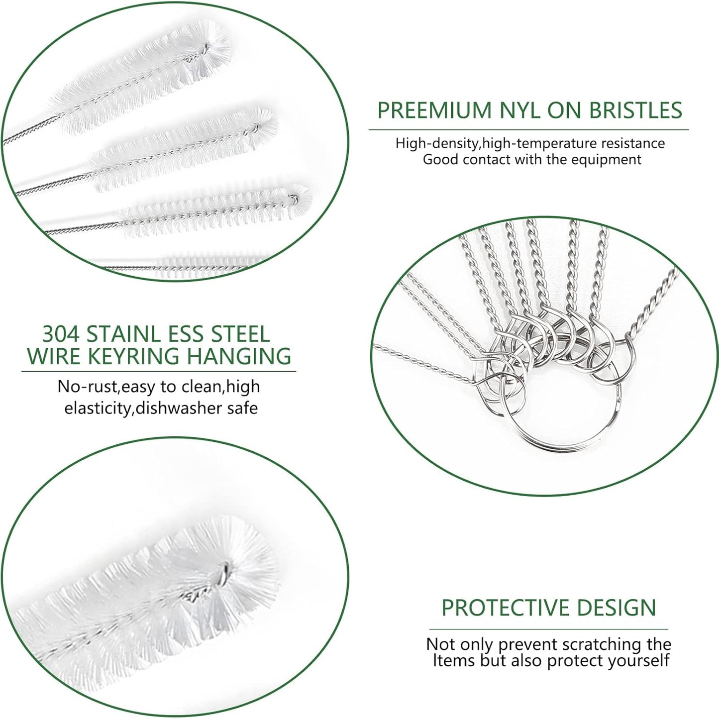 CiaraQ Bottle Cleaning Brushes, 8 Inch Nylon Tube Brush Set, Cleaner for Narrow Neck Bottles Cups with Hook, Set of 10pcs