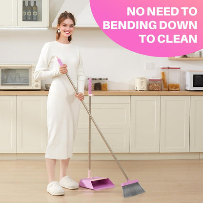 JOYMOOP White Broom and Dustpan Set, Upright Angle Design with Built-in Comb Teeth for Kitchen, Office, Pet Hair, Hard Floors