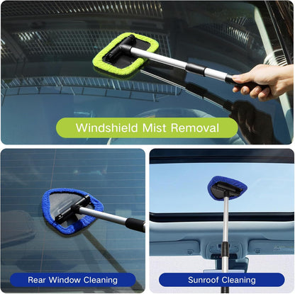 Qydipclin 11pcs Windshield Cleaner Tool, Car Window Cleaning Wash Kit with 6 Reusable Microfiber Pads 2 Spray Bottles and Extendable Handles Auto Glass Wiper Kit, Blue