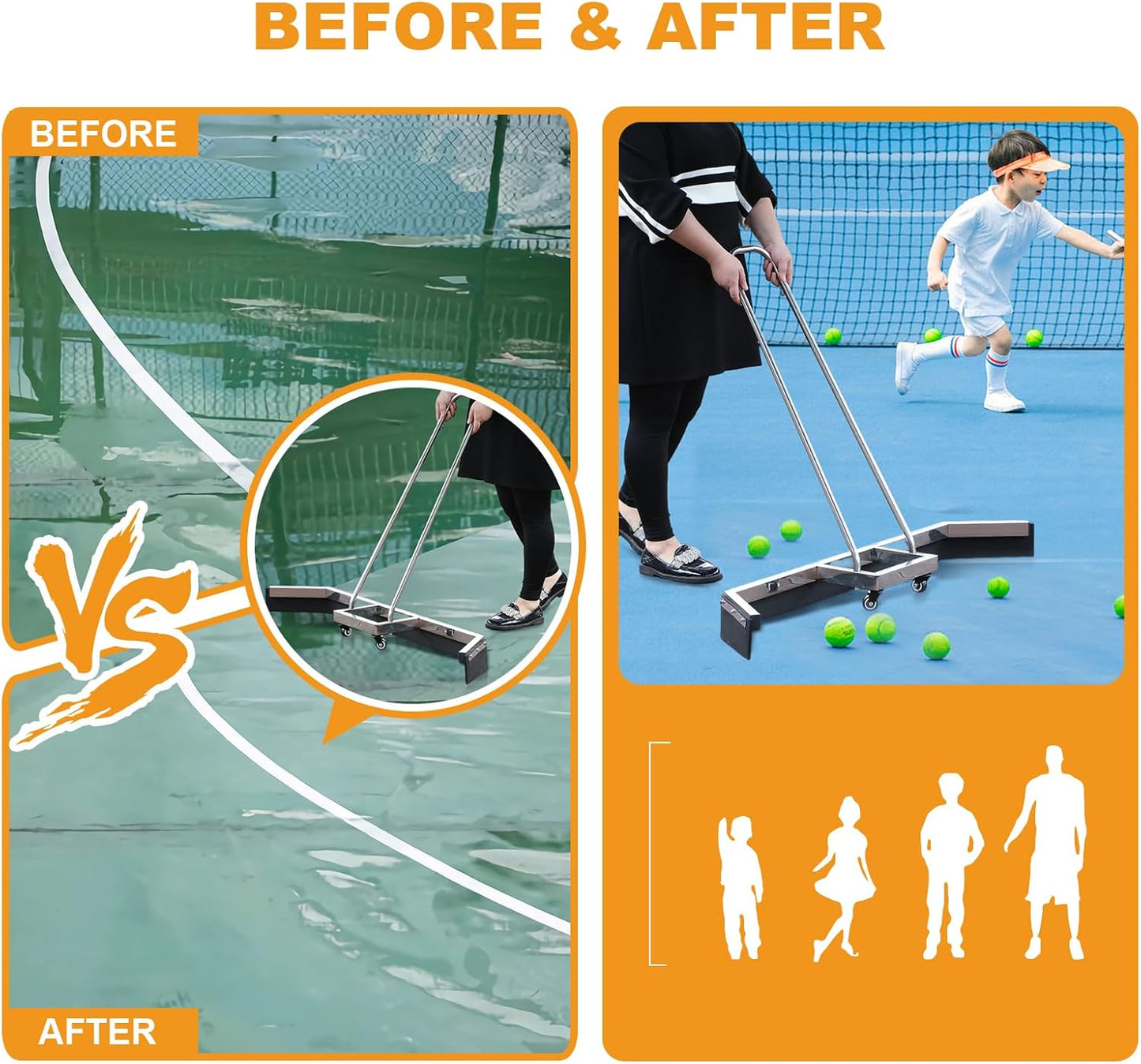 4.5FT Sport Tennis Court Squeegee Floor Squeegee Heavy Duty Commercial Squeegee for Floors with 2PCs EVA Foam Blade- Stainless Steel Silver