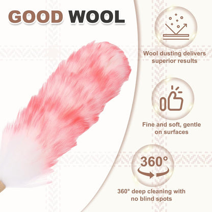 uxcell Wool Duster, 14.2" Natural Feather Cleaner Household Cleaning Duster with Solid Wooden Handle for Cleaning Fans Window Blinds Shelves Furniture, Pink