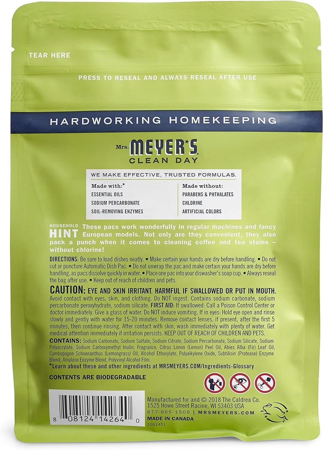Mrs. Meyer's Automatic Dish Pillow Lemon Verbena 12.7 OZ, 20 CT.