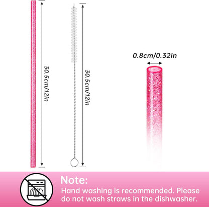 NiHome 12-Pack Glitter Replacement Straws for Stanley Tumbler 40OZ & 2 Cleaning Brushes Set, 12" Length BPA-Free Durable PETG Material for Various Beverages & Cups, Adds Sparkle to Your Drinks (Clear)