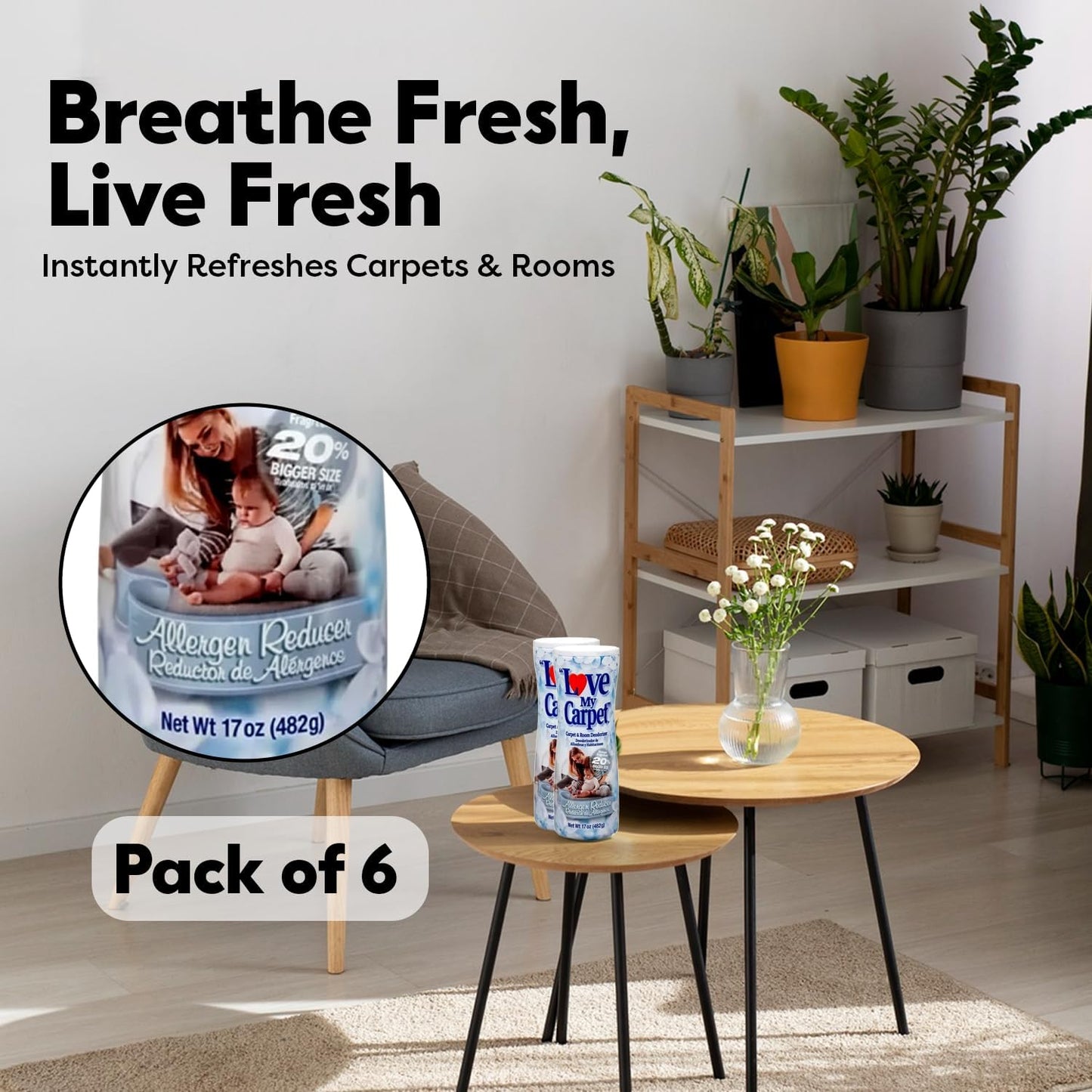 6 Love My Carpet | Carpet Deodorizer & Freshener Powder | 17 oz Pet Odor Eliminator for Strong Odor & Pet Urine | FRESH LINEN | Safe for Homes with Pets