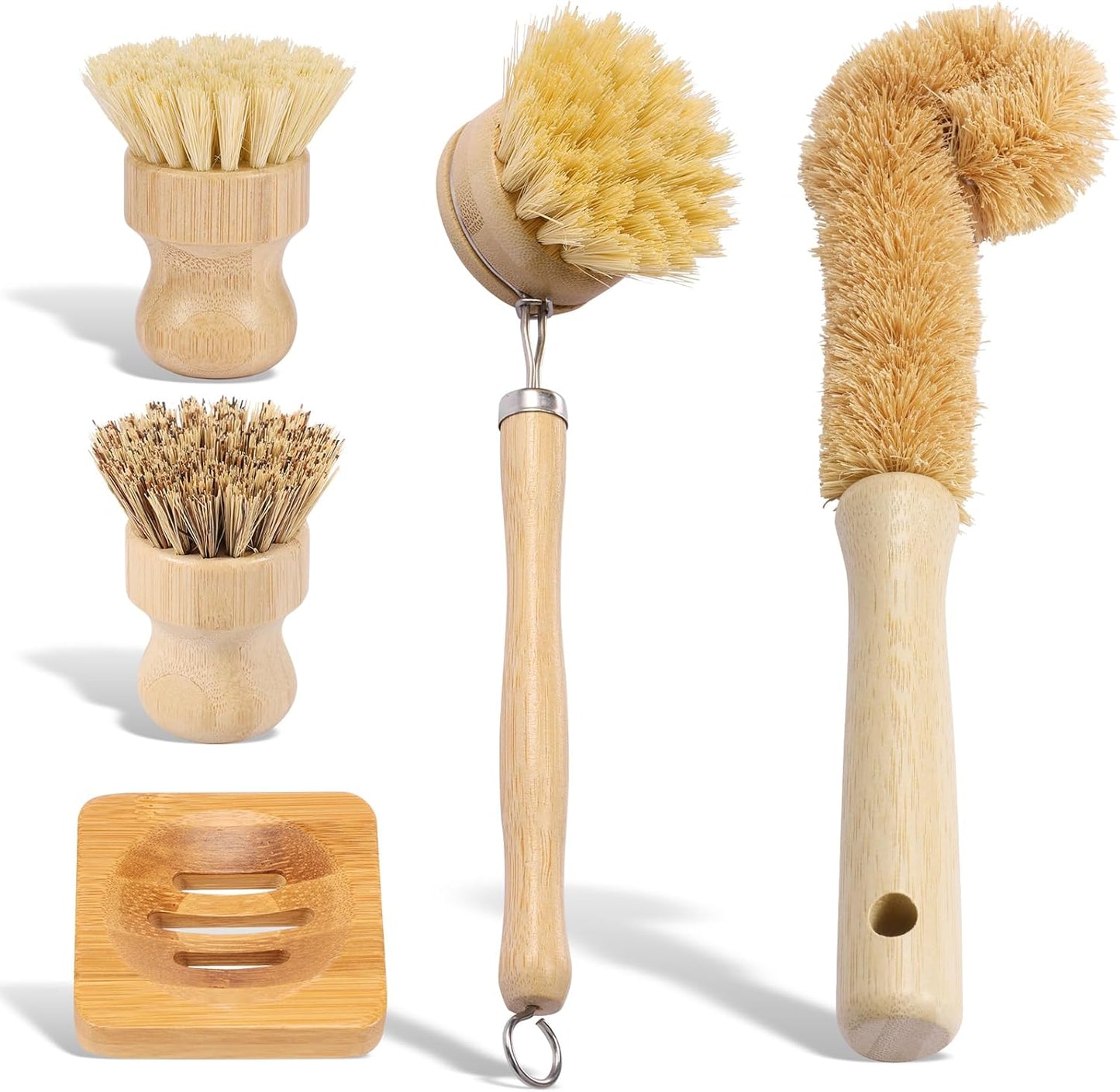 Bamboo Dish Brush Set, 5 Pcs Wooden Kitchen Scrubber – Long Handle Dish & Cup Brush, Short Handle Sisal & Coarse Brown Brush, Includes Square Tray, Ergonomic Natural Cleaning Kit for Pots Pans Bottles