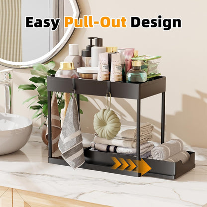 Simple Trending Under Sink Organizer 2 Pack, Sink Pull-Out Sliding Storage Cabinet, 2-Tier Under Shelf Organizer for Kitchen Bathroom, Black
