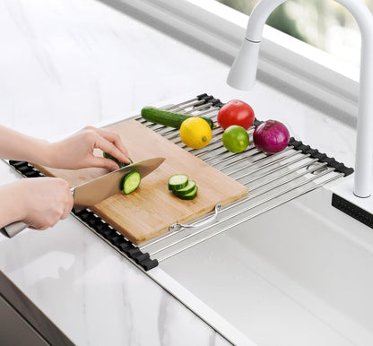 Tomorotec 17.7" x 15.5" Roll Up Dish Drying Rack Over Sink Drying Rack Sink Cover Kitchen Sink Accessories Gadget Multipurpose Organizer Foldable Stainless Steel Drainer (Grey)