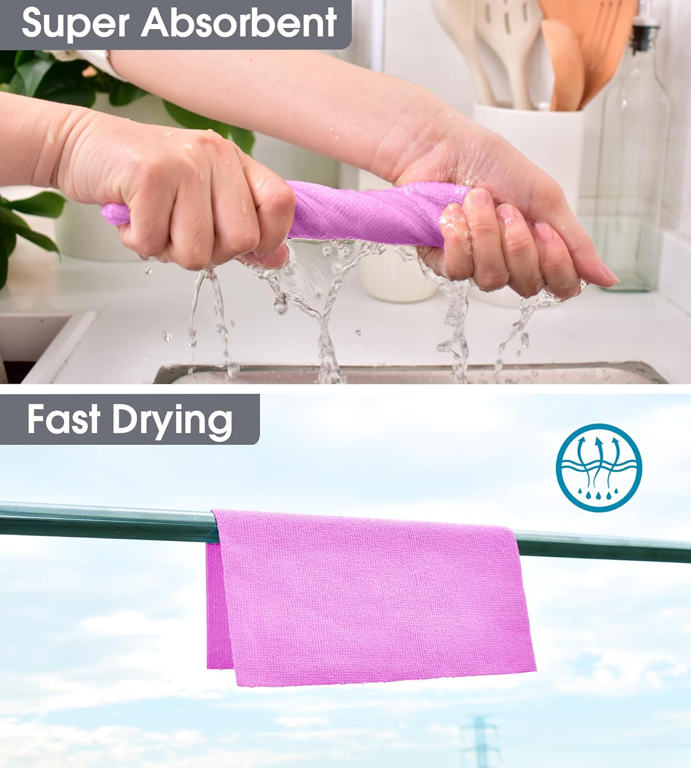 KitchLife Microfiber Cleaning Cloth Roll - Tear-Away Reusable Microfiber Paper Towels, Lint-Free, Washable, 20 Sheets for Kitchen, Car, Dishes, and Sensitive Surfaces (Pink)