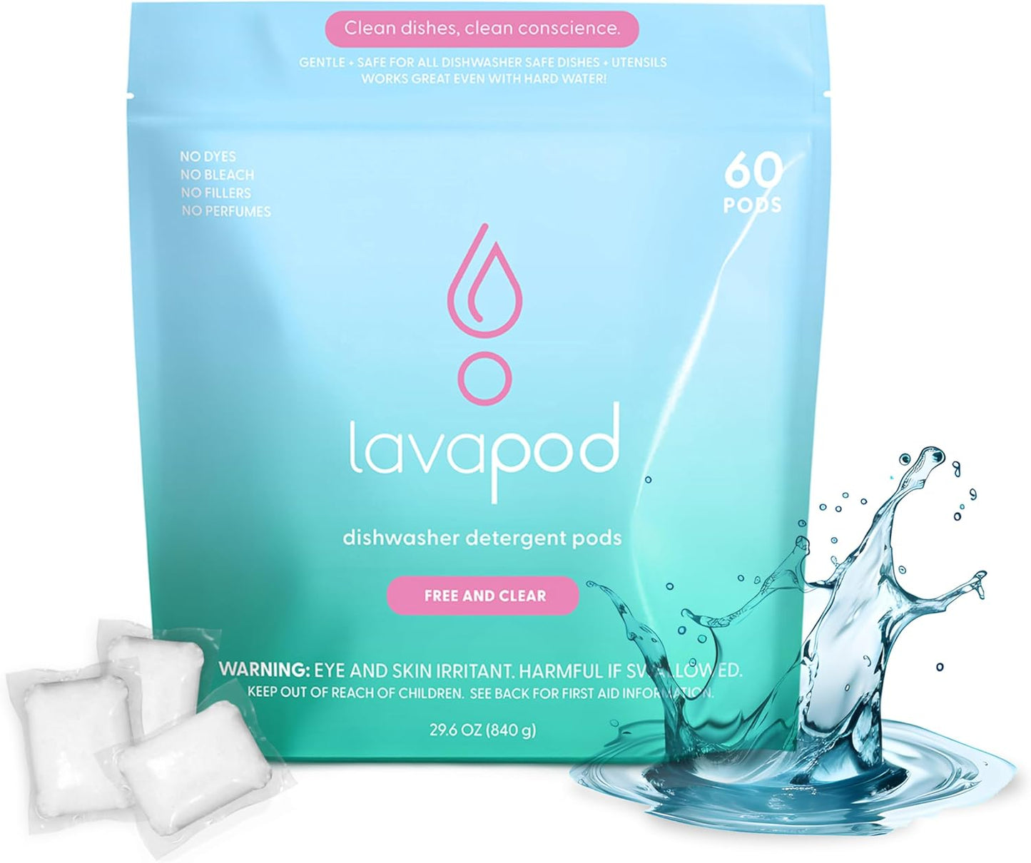 Natural Dishwasher Detergent Pods| Free and Clear (Unscented) Dish Tabs, Eco-Friendly Plant Based Enzymes | Leaves Dishes Sparkling, 60 Count