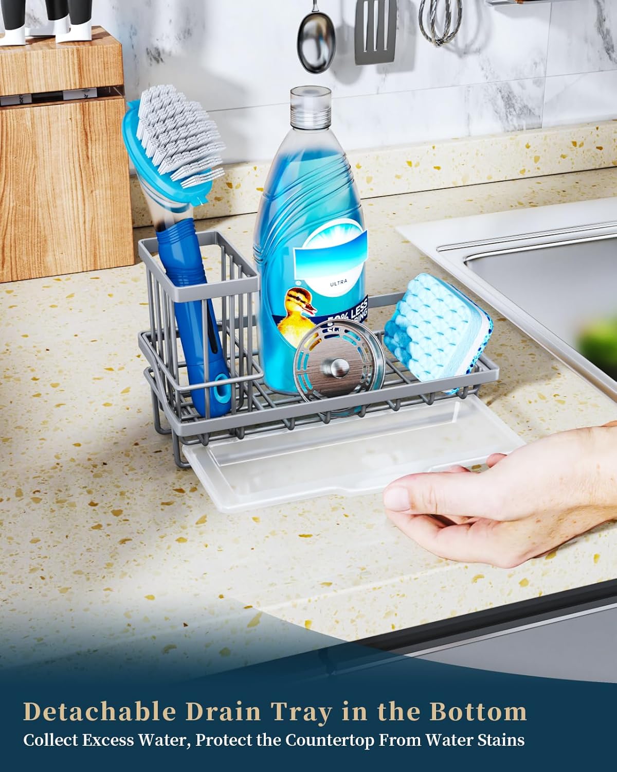 Consumest Sink Caddy, Kitchen Sponge Holder with Dish Brush Holder, Kitchen Organizer with Drip Tray for Countertop, Stainless Steel Rustproof - Silver