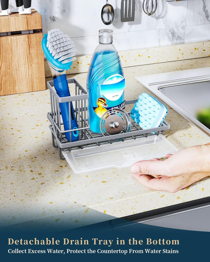 Consumest Sink Caddy, Kitchen Sponge Holder with Dish Brush Holder, Kitchen Organizer with Drip Tray for Countertop, Stainless Steel Rustproof - Silver