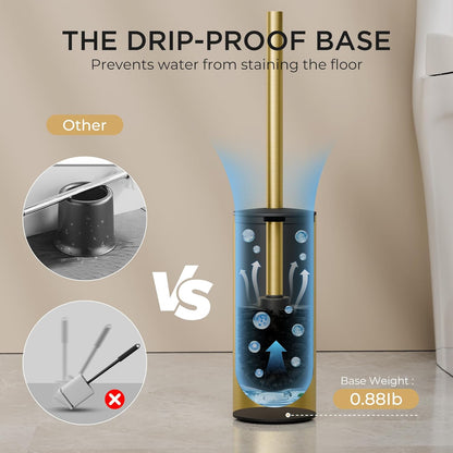 FORIOUS Toilet Brush and Holder Set, Heavy Duty 304 Stainless Steel Base Square and Long Handle for Bathroom Deep Cleaning, Drip-Proof, Space Saving for Storage, 2 Toilet Bowl Brush Head, Black