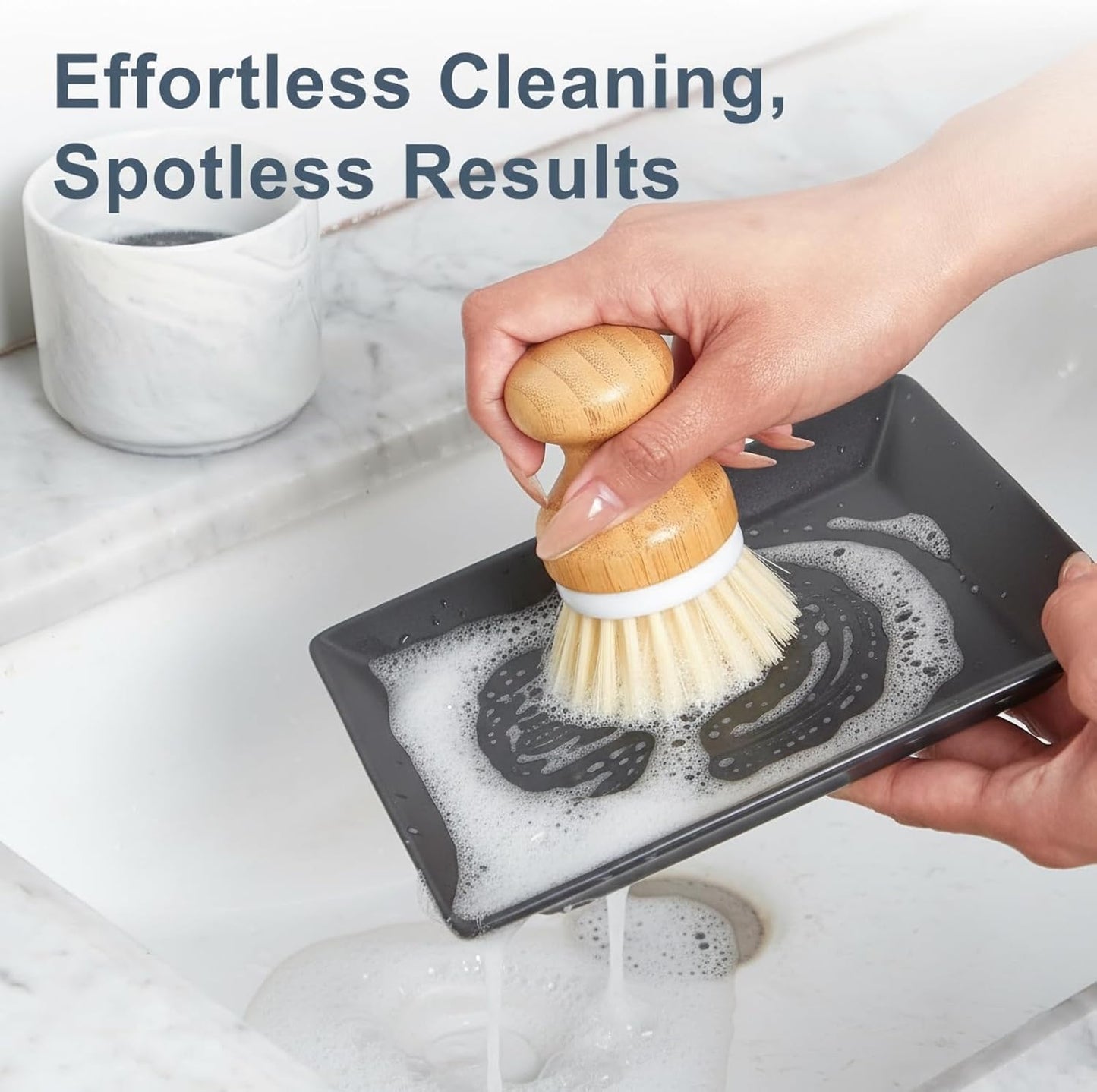 ONEMORE Bamboo Dish Brush with Ceramic Foaming Base, Kitchen Sink Scrub Brush Set with Spring and Mesh Insert, Wooden Handle Dishwashing Brush for Pots Pans Plates Bowls, White