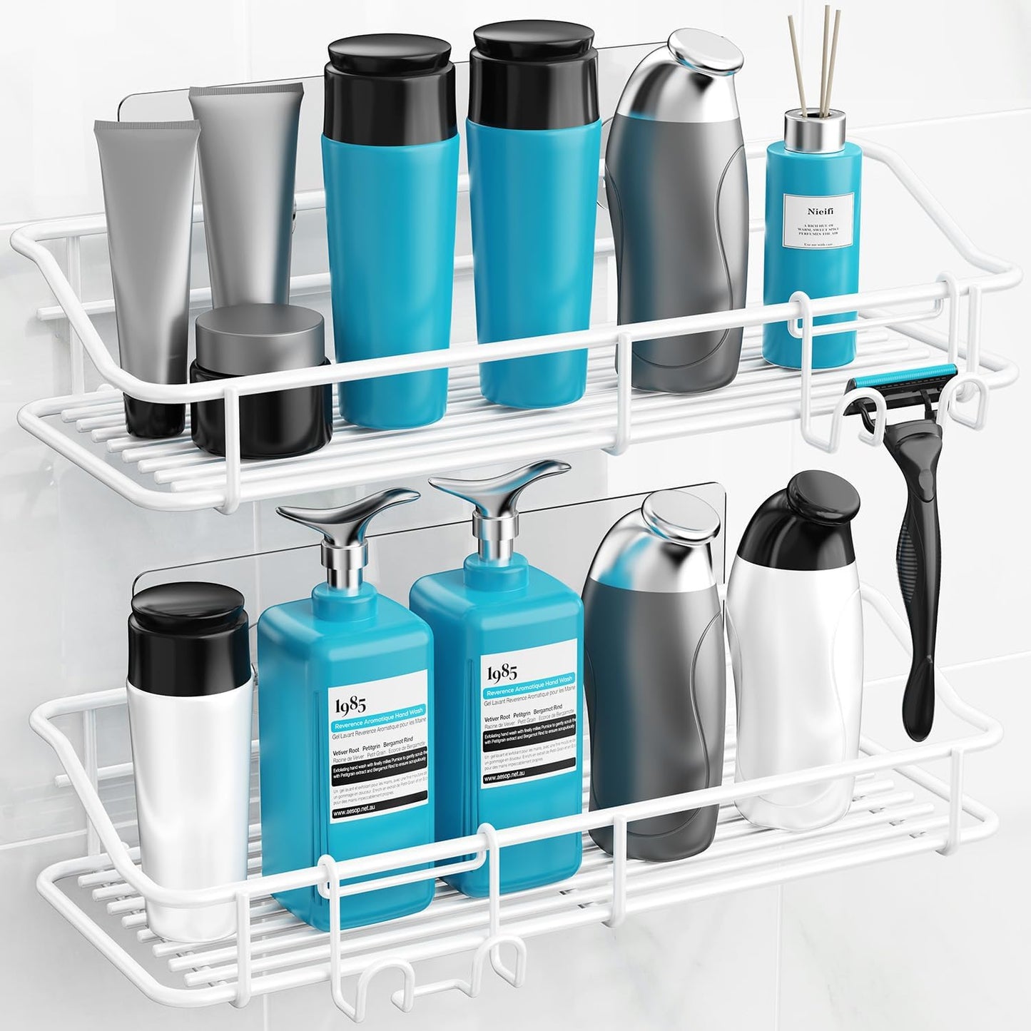 Nieifi Shower Caddy Shelf Storage Rack Adhesive Without Drilling Stainless Steel with Hooks for Washroom, Lavatory, Restroom, Toilet, Bathroom, Kitchen - 2 Pack
