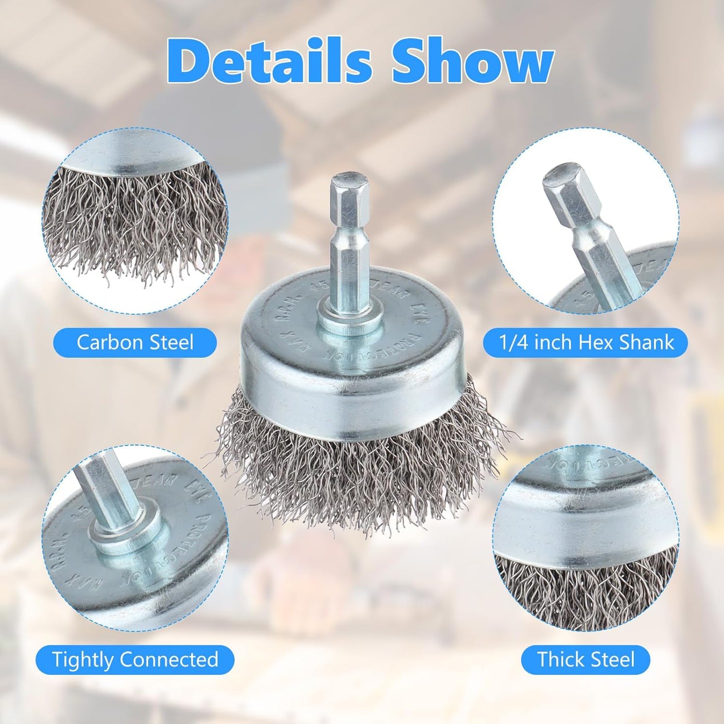 Rocaris 6 Pack Carbon Steel Wire Wheel and Pen Brush Set with 1/4-Inch Hex Shank for Rust Removal, Corrosion and Scrub Surfaces