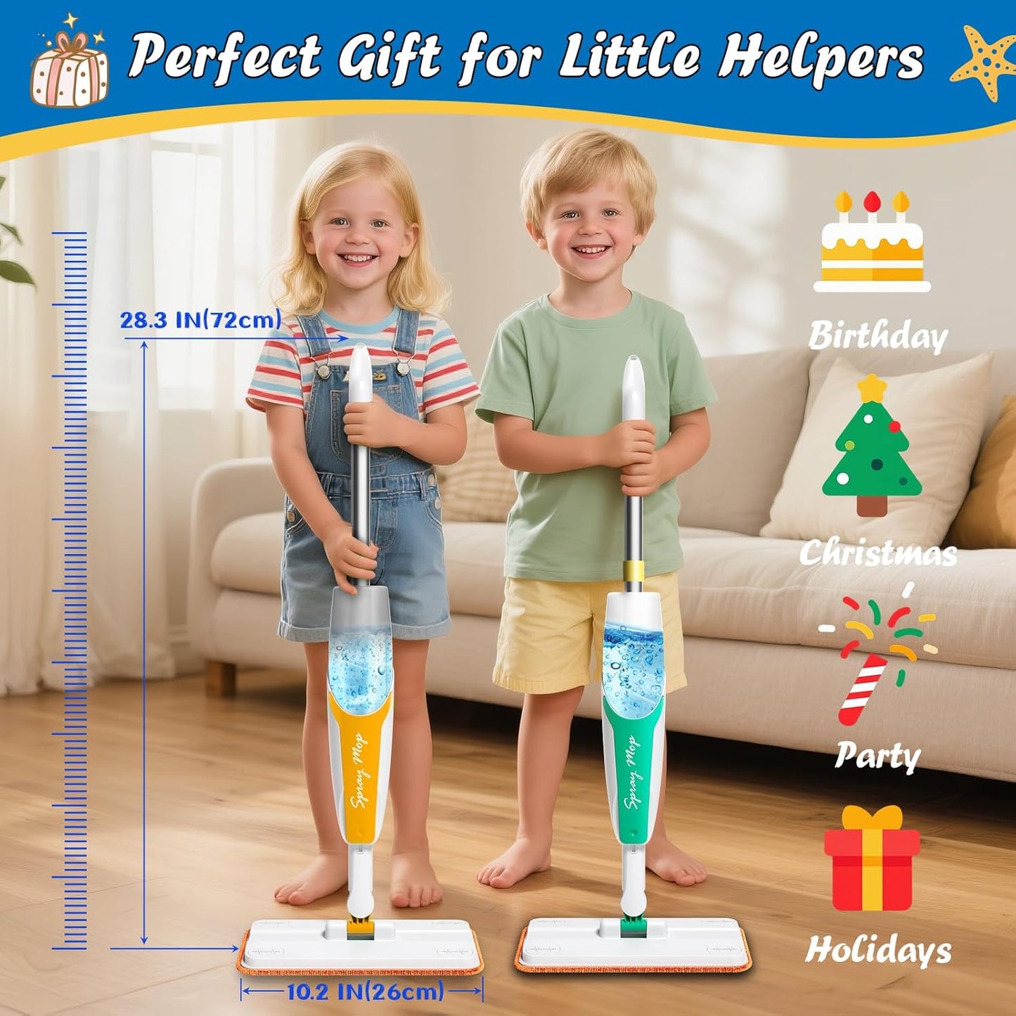 Kids Spray Mop Toy - Real Working Toddler Cleaning Set with 420ML Water Bottle, Scraper & 2 Washable Pads, Montessori Housekeeping Cleaning Toy for Pretend Play