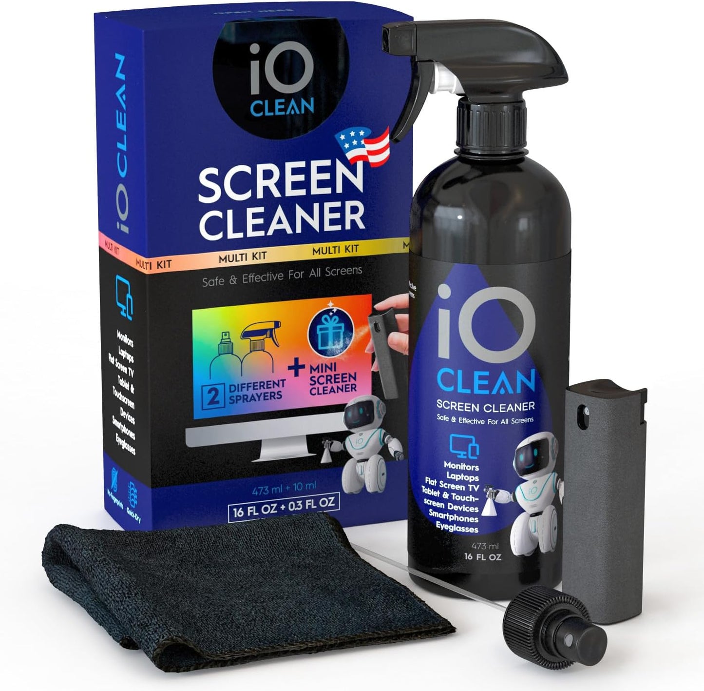 Screen Cleaner Spray (16oz - 473ml) – Best Large Cleaning Kit for LCD LED OLED TV, Smartphone, iPad, Laptop, Touchscreen, Computer Monitor, Electronic Devices, Microfiber Cloth Wipes and 2 Nozzles