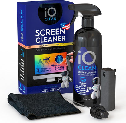 Screen Cleaner Spray (16oz - 473ml) – Best Large Cleaning Kit for LCD LED OLED TV, Smartphone, iPad, Laptop, Touchscreen, Computer Monitor, Electronic Devices, Microfiber Cloth Wipes and 2 Nozzles