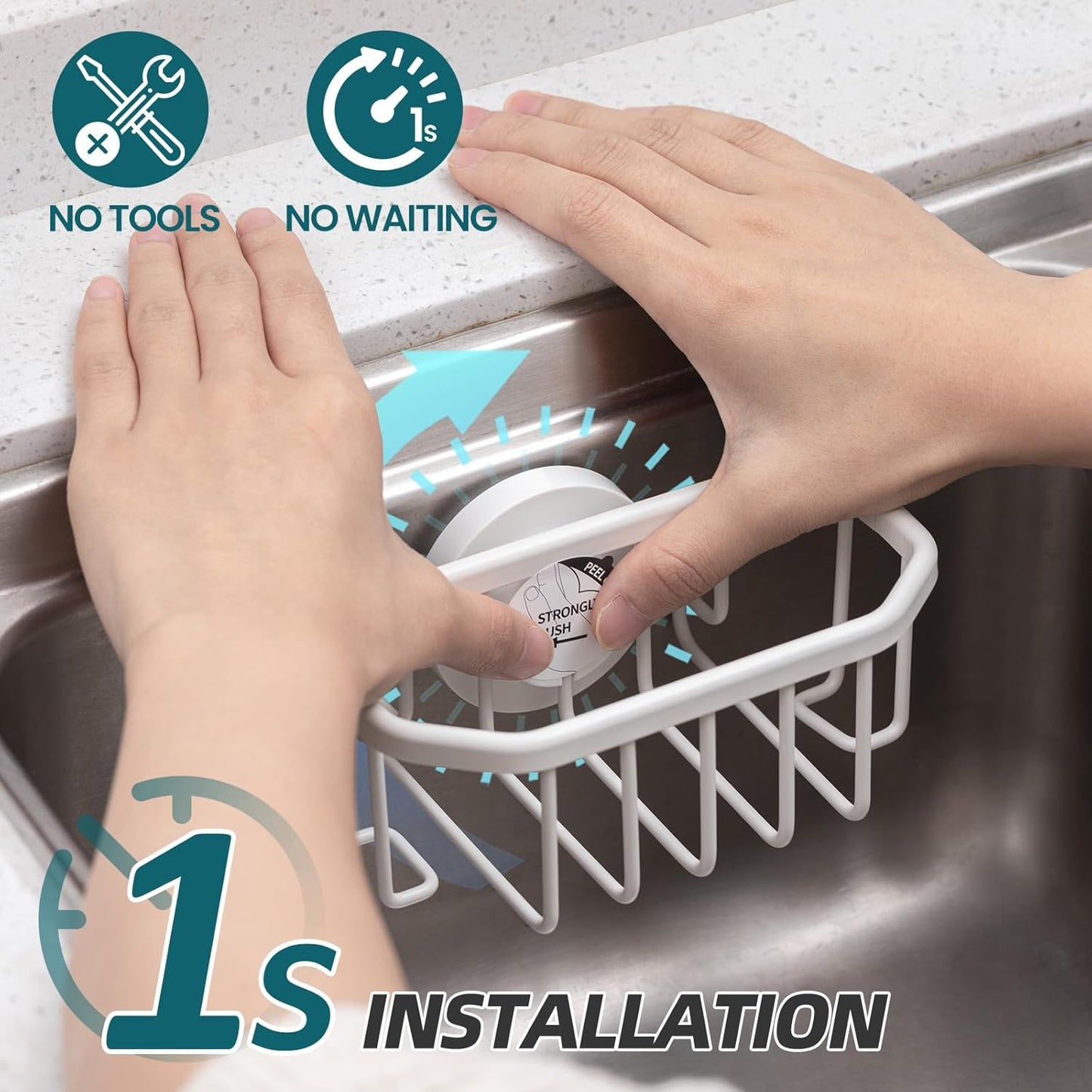 TAILI 4-in-1 Sink Caddy with Strong Suction Cup, Sponge Holder for Kitchen Sink Organizer, Removable, Rustproof, Stainless Steel Holder for Sponge, Brush, Scrubber, Scraper - Silver