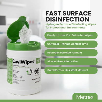 CaviWipes HP Surface Disinfectant Wipes – Hydrogen Peroxide Formula, 1-Minute Universal Contact Time, Ready-to-Use – 6" x 6.75", 160 Wipes per Canister (Pack of 1), 16-1100