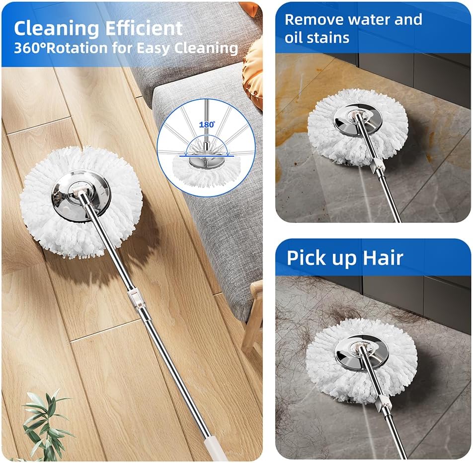 Spin Mop and Bucket with Wringer Set for Home,360° Mop and Bucket with Separate Clean and Dirty Water,Wet Dust Mop for Floor Cleaning with Extra Refills (Silver)
