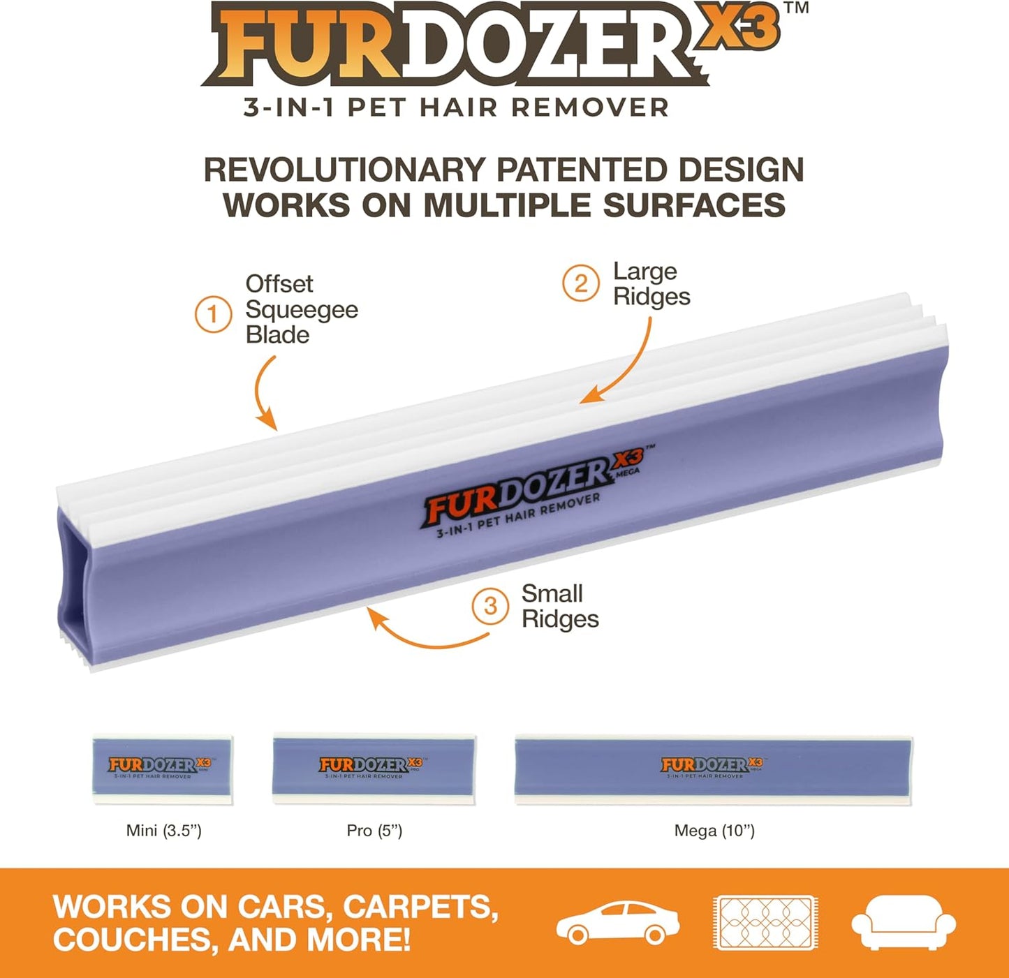 FurDozer Pet Hair Remover & Auto Detailing Tools - Cat & Dog Hair Remover for Carpets, Car Interiors, Couches, Bedding, & Pet Furniture (Gray, X3 PRO - 5" Long)