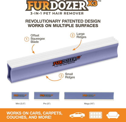 FurDozer Pet Hair Remover & Auto Detailing Tools - Cat & Dog Hair Remover for Carpets, Car Interiors, Couches, Bedding, & Pet Furniture (Gray, X3 PRO - 5" Long)