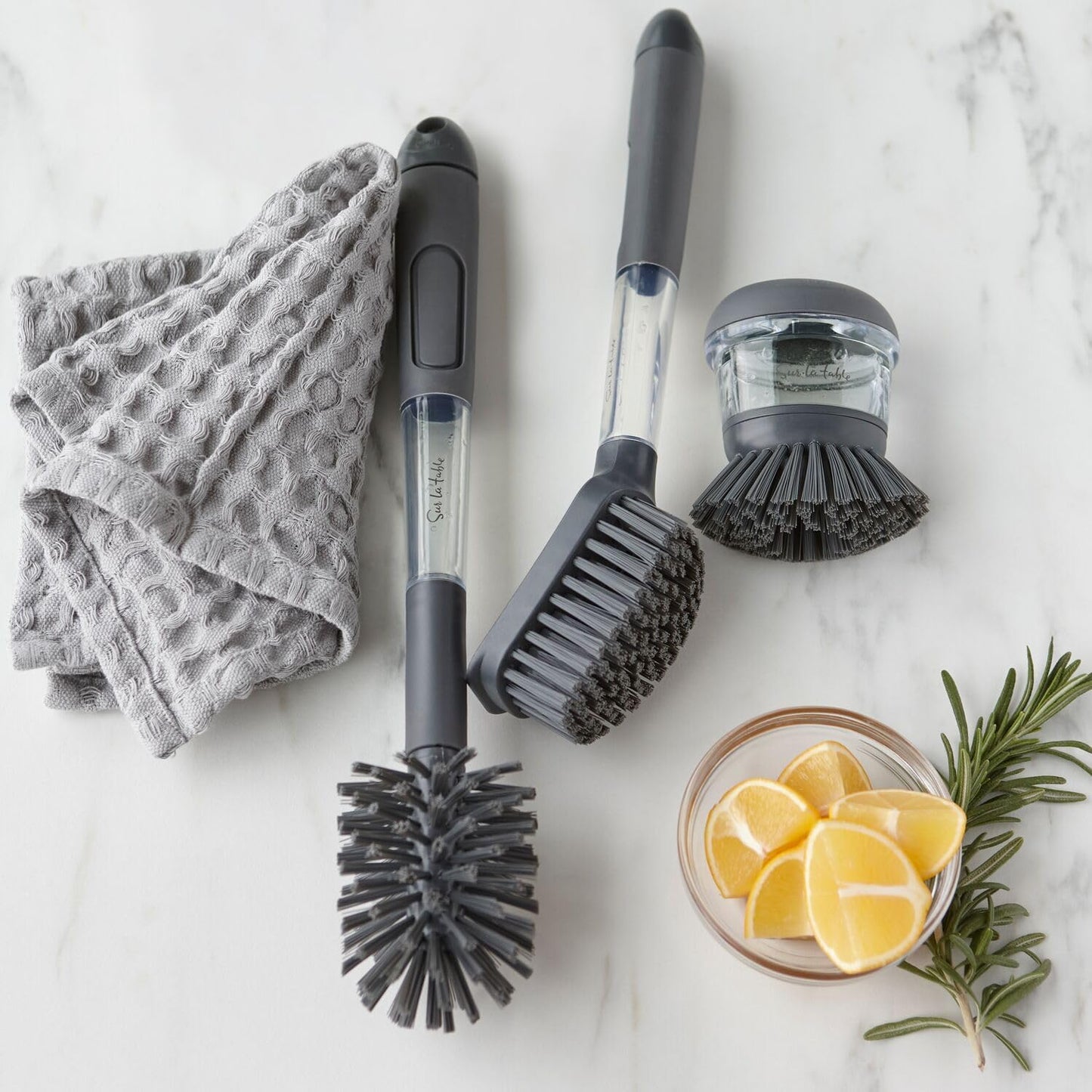 Sur La Table Soap Dispensing Bottle Brush, Built-In Soap Reservoir and Scrubbing Head with Long Handle for Deep Reach