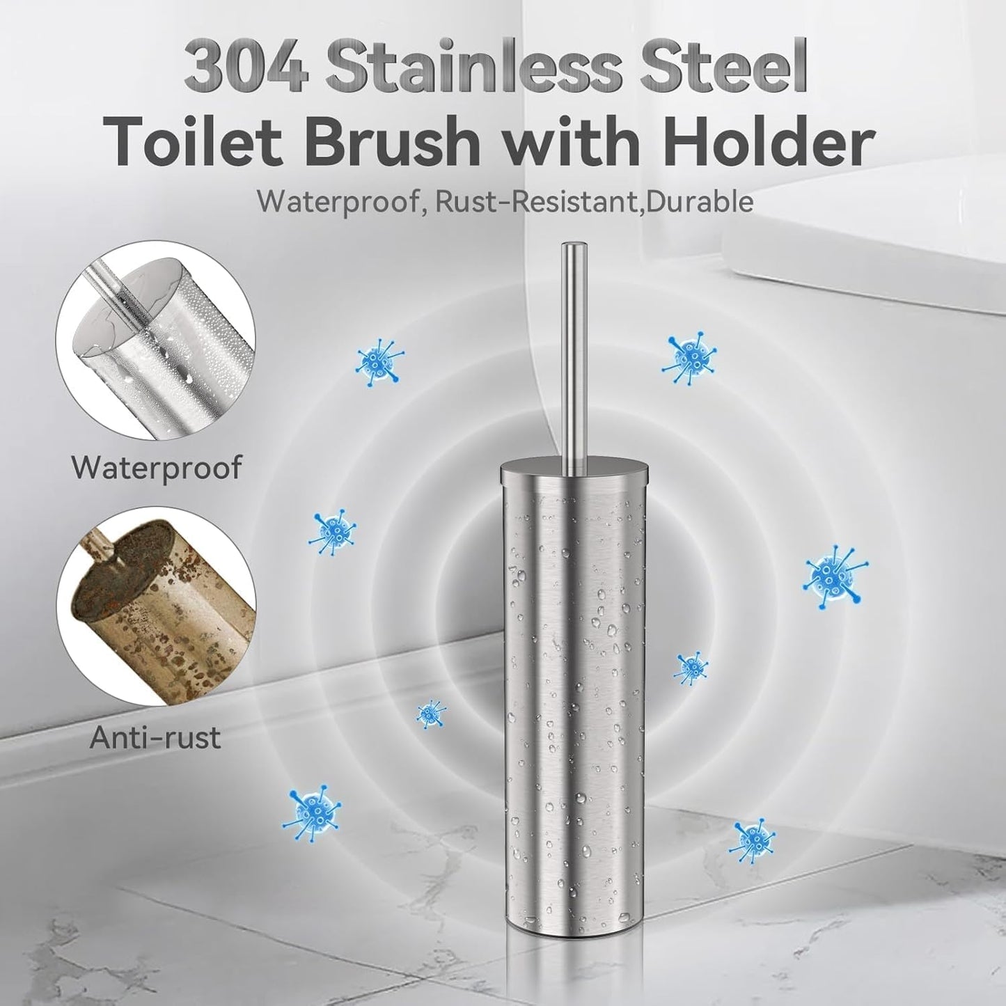 DOWRY Stainless Steel Toilet Bowl Brush and Holder for Bathroom, Deep Cleaning Toilet Brush and Holder Set with Long Handle, Hidden Toilet Bowl Brush with 2 Heads,Modern Decor Nickel Round 2PCS