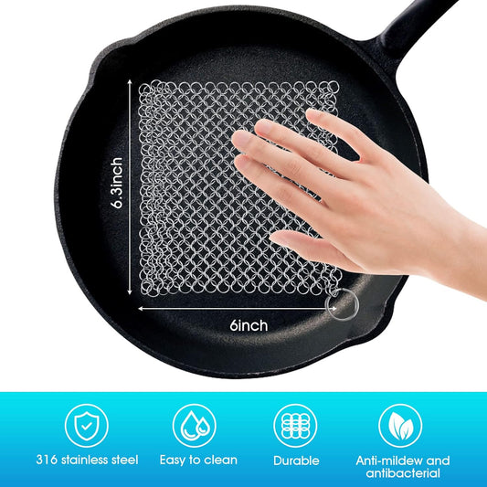 Cast Iron Cleaner 6"x6.3" 316L Stainless Steel Chainmail Scrubber for Griddle Skillet Dutch Oven Wok Stainless Steel Pot Cast Iron Pan Support Dishwasher Cleaning