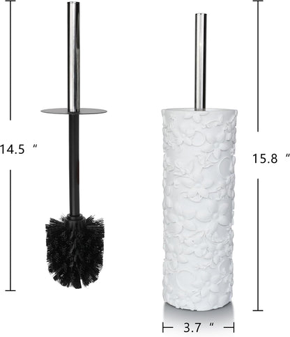 White Floral Branches Design Resin Toilet Bowl Brush and Holder Set, Elegant Bathroom Cleaning Tool with Durable Bristles, Compact and Functional
