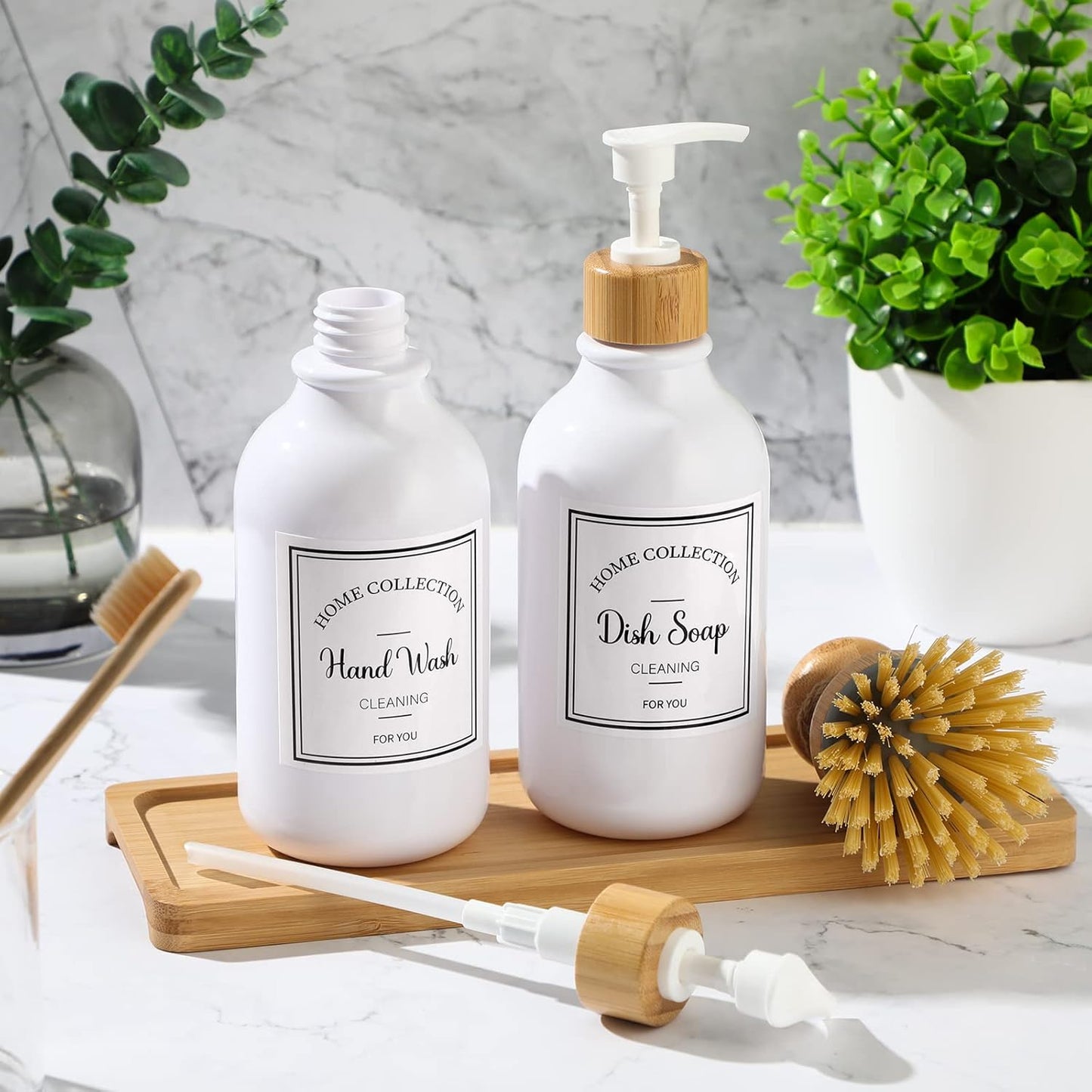 Zopeal 4 Pcs 16 oz Kitchen Soap Dispenser Set with Bamboo Tray and Dish Brush Plastic Soap Dispenser Set with Waterproof Labels for Hand Dish Lotion(Frosted Black)